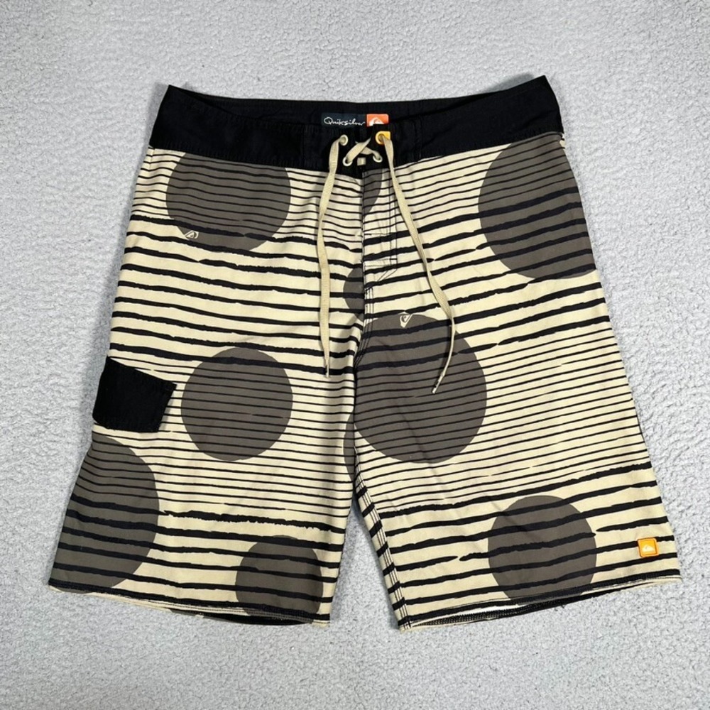 Quiksilver Shorts Mens 34 Brown‎ Striped Boardshorts Swim Surf Beach Logo Pocket